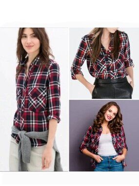 Zara Plaid Shirt Roll Tab Sleeves Red & Black XS
